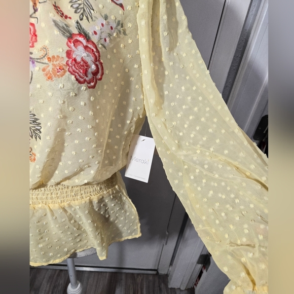 Meraki Blouse Size M Floral Print Sheer Smock Waist Puff Sleeve Yellow Boho - Picture 5 of 11